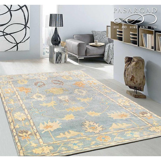 Light Blue Fine Hand Knotted Oushak Rug For Sale - Image 4 of 4