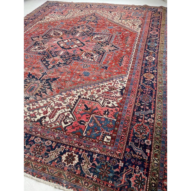 1920's Antique Deep Red and Blue Coloring Rug 10 6 X 13 For Sale - Image 4 of 13