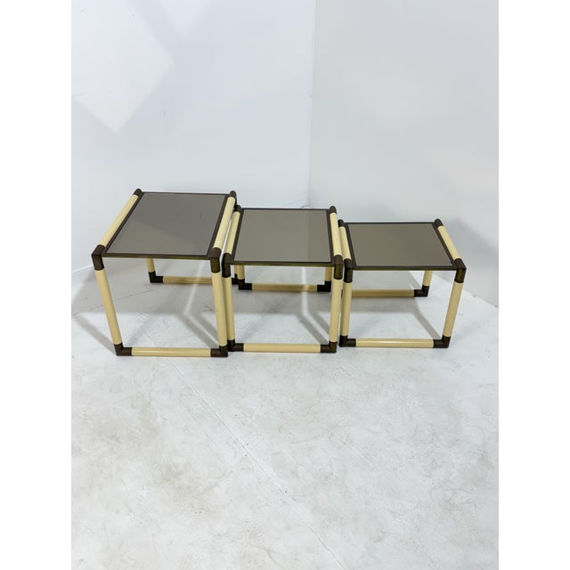 Tommaso Barbi Enameled Metal and Brass Coffee Tables in the style of Tommaso Barbi, 1970, Set of 3 For Sale - Image 4 of 17