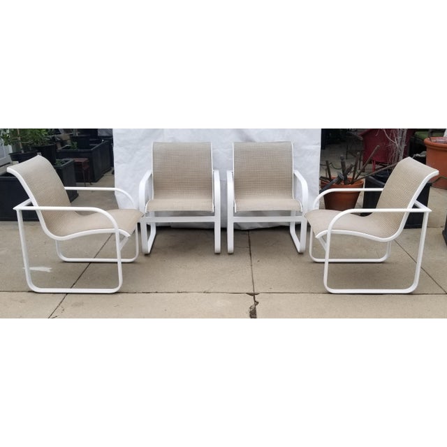 1980's Brown Jordan Quantum Arm Dining Chairs W/ Beige Mesh Set of 4