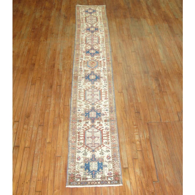 Mid 20th Century Skinny Ivory Antique Persian Heriz Runner, 1' 10" X 12' 4" For Sale - Image 5 of 6