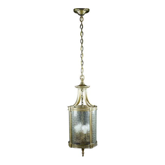 1940s Federal Bronze Clear Pebbled Glass Hanging Lantern For Sale