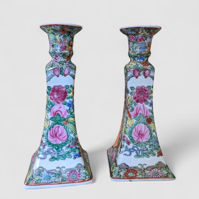 Mid 20th Century Vintage Chinoiserie Rose Medallion Porcelain Hand Painted Candle Holders -a Pair For Sale - Image 5 of 12