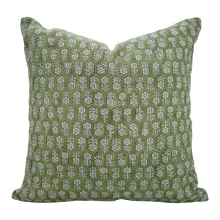Fabdivine Handmade Block Print Floral Design Olive GreenTulsi Buti Printed Thick Linen Pillow Cover 14x14 Inches For Sale