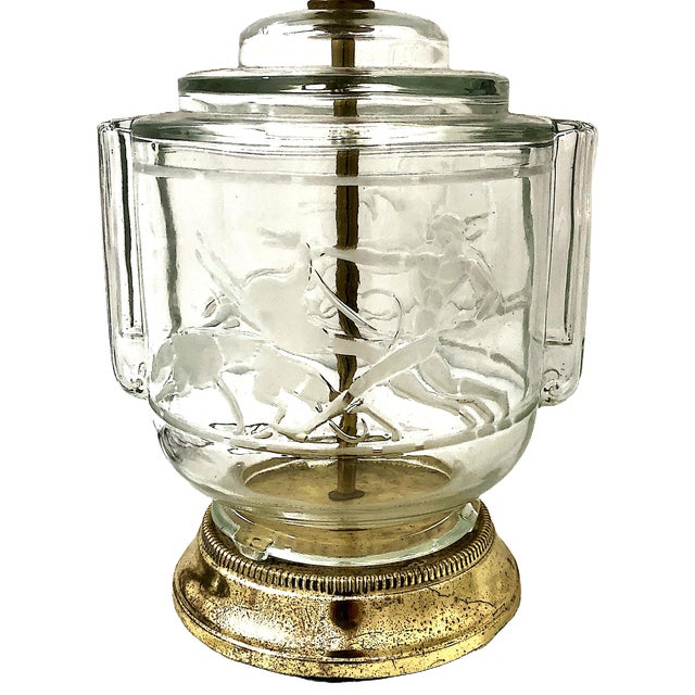 Metal Pair of Art Deco-Inspired Clear Glass and Brass Lamps With Shades For Sale - Image 7 of 12