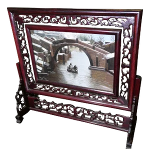 Chinese Silk Table Screen with Intricately Carved Stand