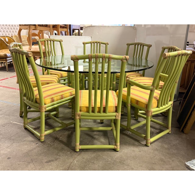 Design Plus Gallery presents an Hexagonal Bamboo Base with Glass Top Dining Table Plus a Set of Eight Upholstered Dining...