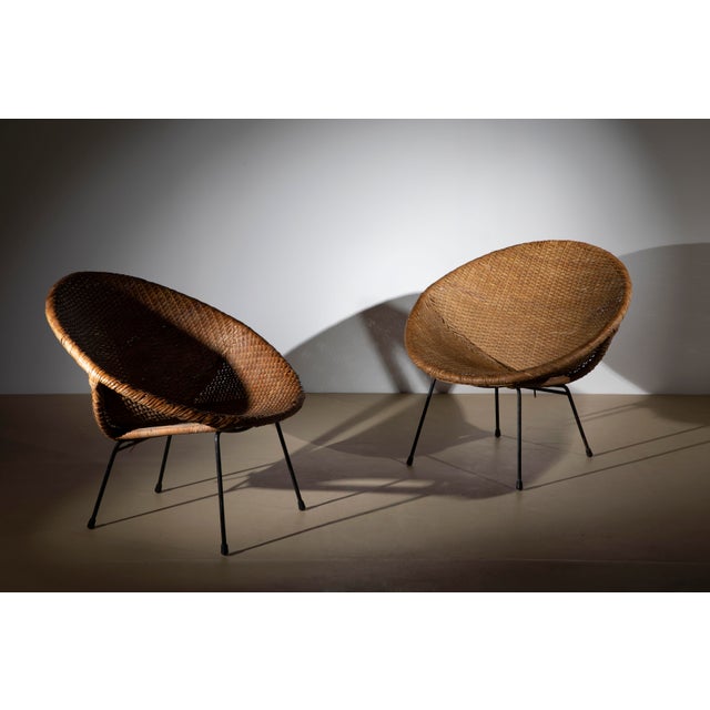 Mid-Century Modern Woven Rattan and Metal Cone Chairs, Italy, 1950s, Set of 2 For Sale - Image 6 of 10