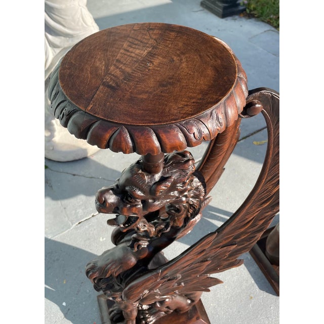 19th Century 19th Century Rare Monumental Pair of Hand-Carved Griffin Pedestal Stands in Dark Wood For Sale - Image 5 of 12