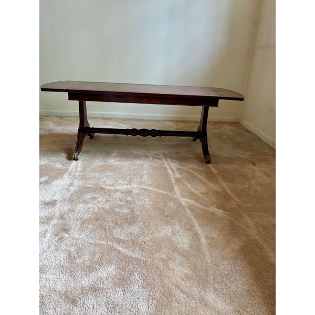 1930s Vintage Dark Wood Coffee Table With Brass Claw Wheels For Sale - Image 5 of 9