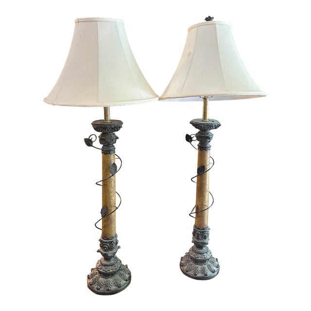 Vintage Metal Work Table Lamps With Leaf Accents - a Pair For Sale
