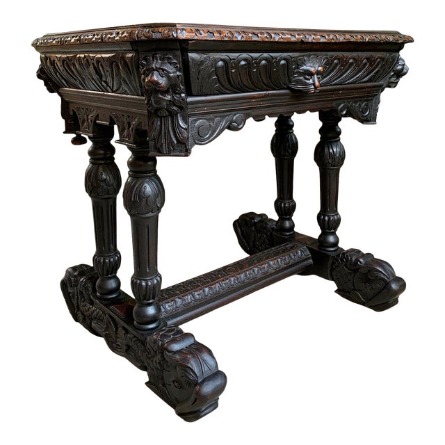 Antique Petite French Carved Oak Dolphin Table Desk Renaissance Gothic C1890 For Sale