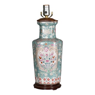 Vintage Chinese Style Raised Floral Pattern Porcelain Table Lamp For Sale