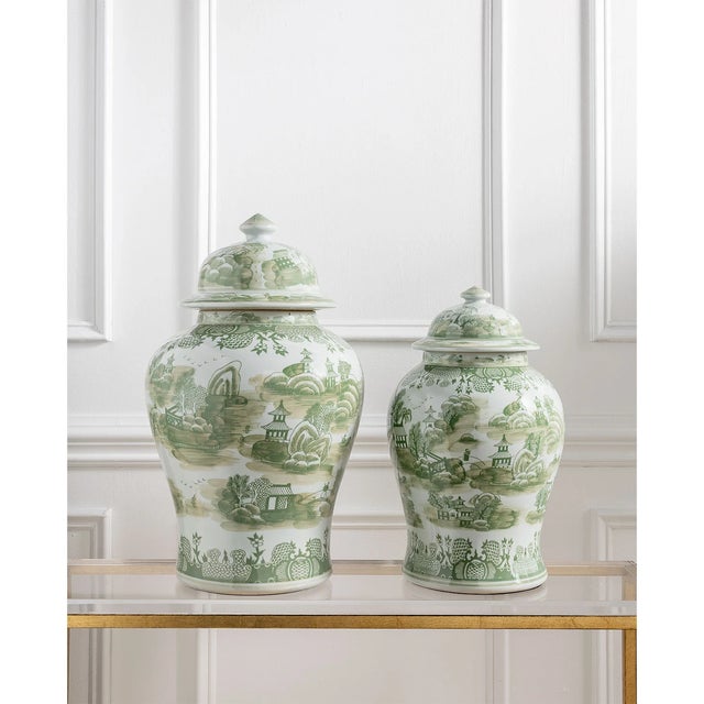 Green Willow is our classic chinoiserie inspired Asian scenic tableau in green and white. The large porcelain jar features...