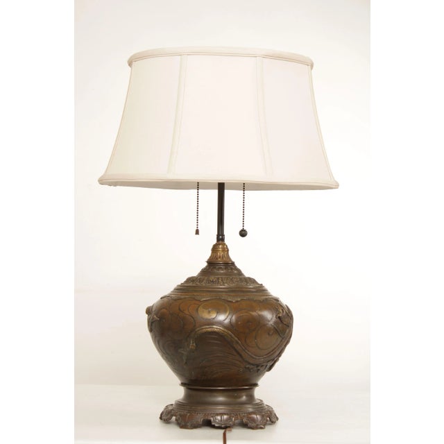 Antique Chinese Bronze Dragon Table Lamp with Shade For Sale - Image 4 of 13