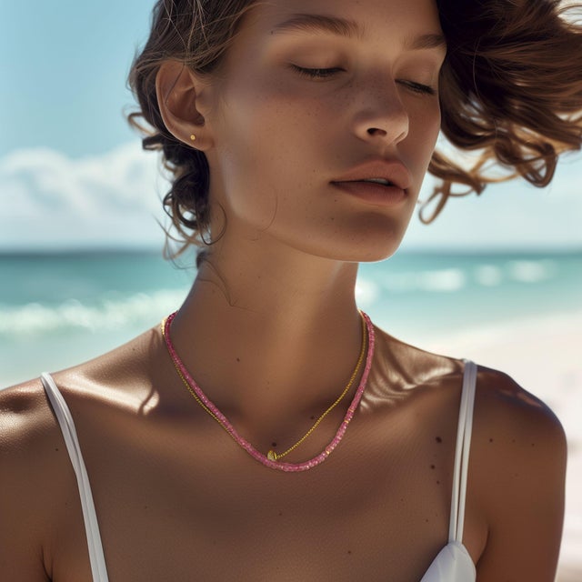 Radiate feminine power with this captivating pink sapphire necklace from Bombyx House. The vibrant gemstones command...