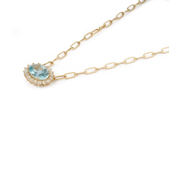 Authentic 10.32ct Aquamarine 1.95ct Diamond Halo Pendant Necklace in 14k Yellow Gold For Sale - Image 4 of 16