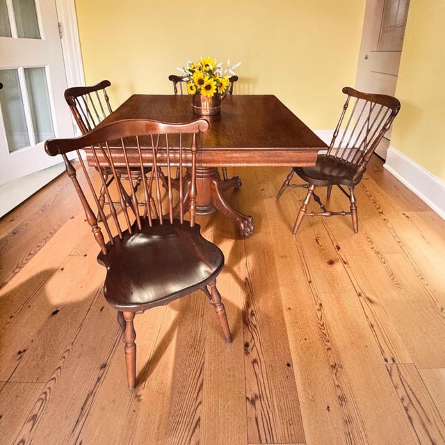 1930s Tiger Oak/Quarter Sawn Table With Color Matched Ethan Allen (Old Tavern) Fiddleback Windsor Chairs - All High End Handcrafted Furnitire For Sale - Image 11 of 12