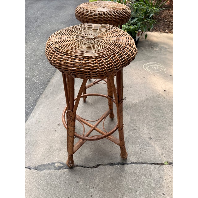 Pair of Wicker Vintage Bar Stools For Sale In Detroit - Image 6 of 12