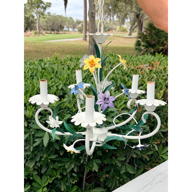 Hollywood Regency Vintage 5 Arm Tole Chandelier - 16" Wide For Sale - Image 3 of 12