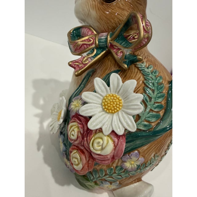 Contemporary Fitz & Floyd Classic Woodland Spring Majolica Bunny Rabbit Figurine W/ Bow Flowers 1990s For Sale - Image 3 of 8