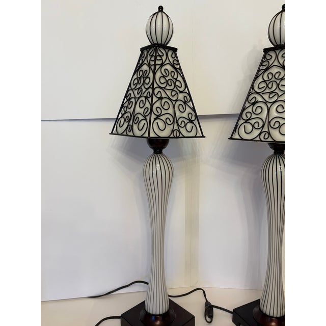 Vintage Mid-Century-Spanish Revival Wrought Iron Glass Table Lamps - A Pair For Sale - Image 4 of 6