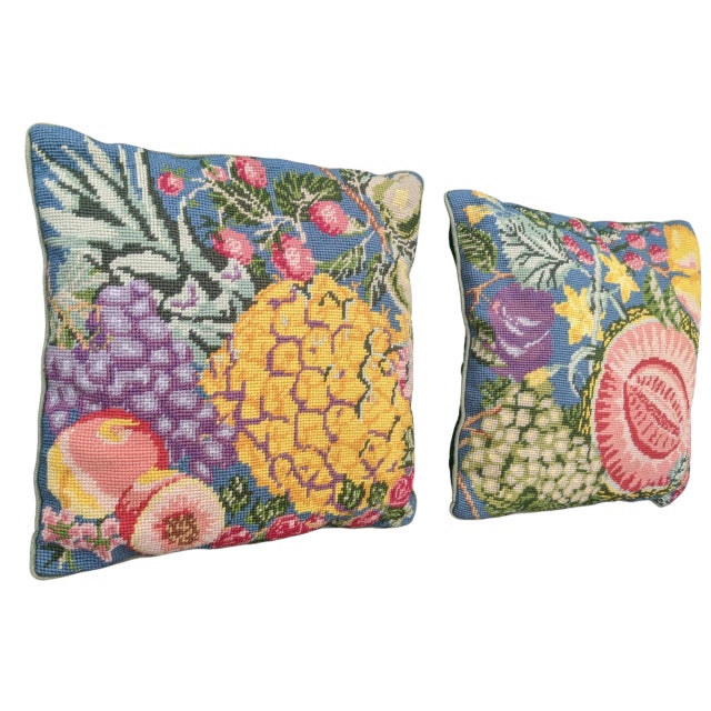 Mid 20th Century Vintage Mid Century Horticulture Tropical Fruit Needlepoint Tapestry Pillows -a Pair For Sale - Image 5 of 12