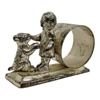 Antique Meriden Britannia Silver Plated Napkin Holder Girl With Dog For Sale