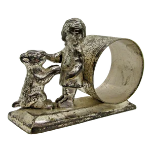Antique Meriden Britannia Silver Plated Napkin Holder Girl With Dog