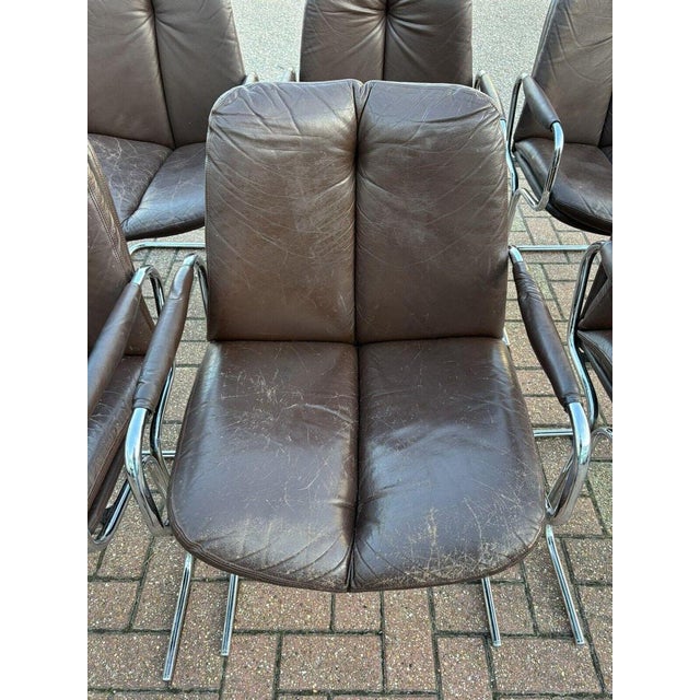 Chrome Table & Brown Leather & Chrome Pieff Chairs by Richard Young for Merrow, Set of 7 For Sale - Image 9 of 18