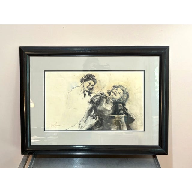 Ed Hopson black/white ladies laughing drawing in black frame. Signed by artist at bottom left corner. Some minor...