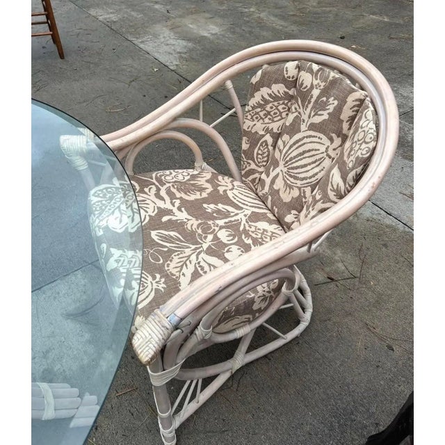1970s Palm Beach Collection Corset Back Looped Arms Ficks Reed Style Dining Set With Glass Top For Sale - Image 9 of 10