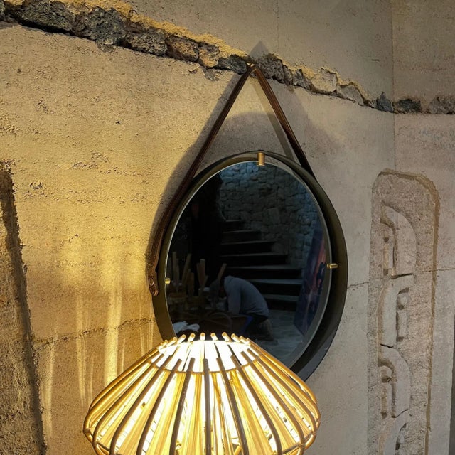 Metal French Modernist Jacques Adnet Equestrian Leather Round Wall Mirror For Sale - Image 7 of 12