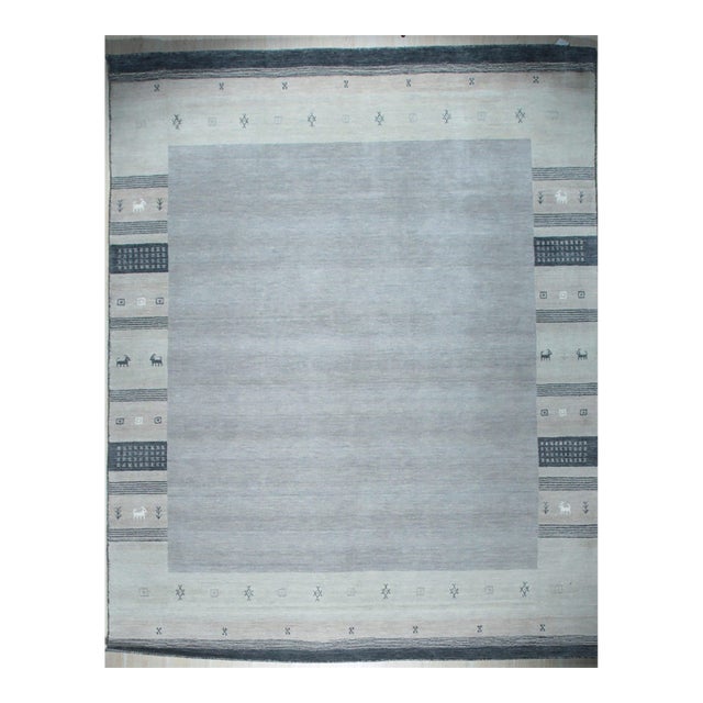 8x10 Handloomed Gray Gabbeh Tribal Geometric Modern Hand Loomed Wool Carpet Rug For Sale