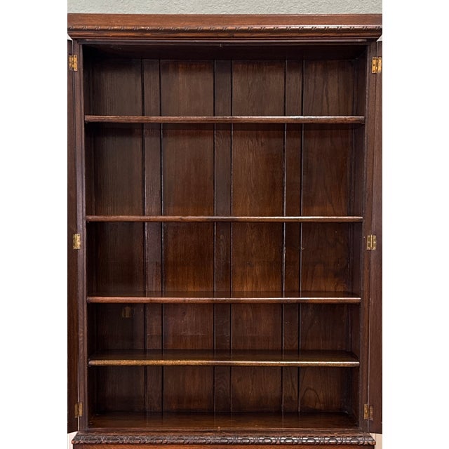 Antique English Jacobean Bookcase Bookshelf Cabinet Double Door Oak c.1930s For Sale In Dallas - Image 6 of 17