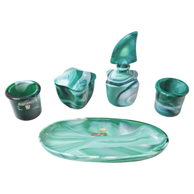 Green White Mouth-Blown Glass Dressing Table Set, 1950s, Set of 5 For Sale - Image 16 of 16