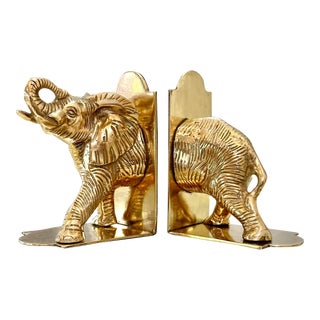 Vintage Polished Brass Elephant Bookends- Set of 2 For Sale
