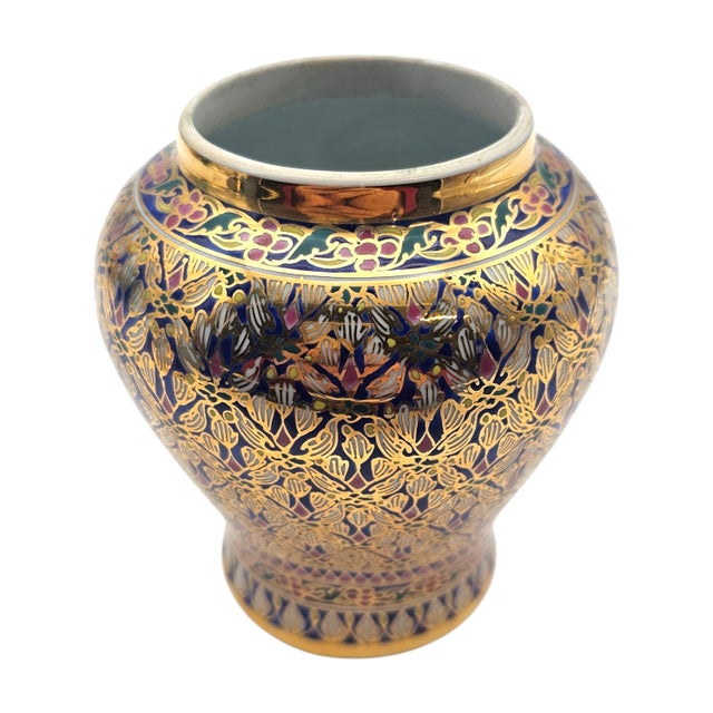Late 20th Century Thai Benjarong Hand-Painted Gilt Porcelain Covered Jar 6.6" For Sale - Image 10 of 17