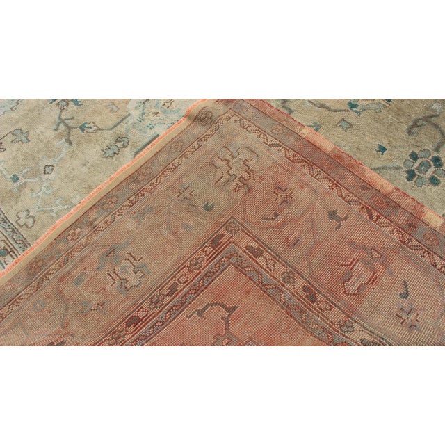 Neutral Antique Oushak Carpet in Shades of Teal, Green, Khaki, Taupe and Butter 11'4 X 14'3 For Sale - Image 10 of 10