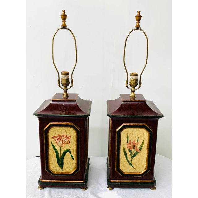 Oriental Hand-Painted Wooden Table Lamp With Floral Decoration, a Pair For Sale - Image 13 of 13