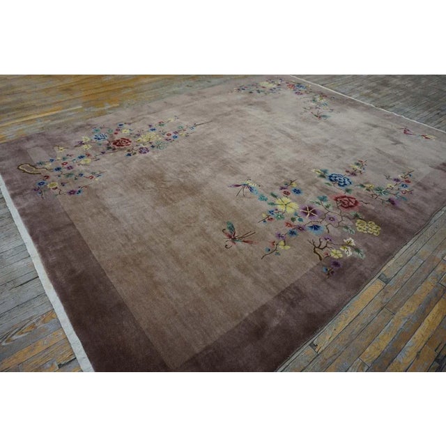 1920s Tan Taupe Garden Antique Chinese Art Deco Carpet 8'9" X 11'6" Handknotted Wool Rug For Sale - Image 4 of 15