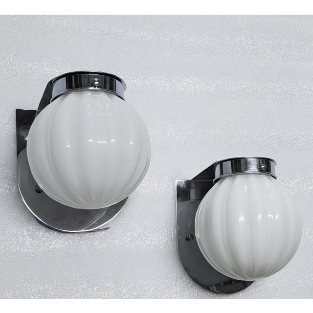 1940s Vintage Art Deco Light Old Lamp Wall Sconces Fixture Brass & Ribbed Milk Glass Shade Ship Light Lamp - Pair For Sale - Image 5 of 5
