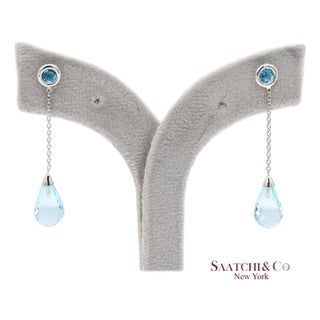18k 750 Solid White Gold Blue Topaz Drop Earrings, Pair For Sale