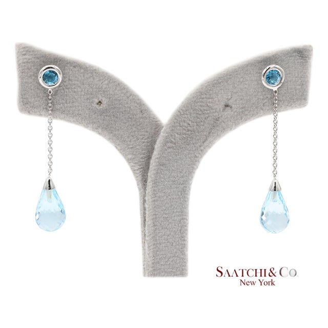 18k 750 Solid White Gold Blue Topaz Drop Earrings, Pair For Sale
