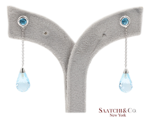 18k 750 Solid White Gold Blue Topaz Drop Earrings, Pair