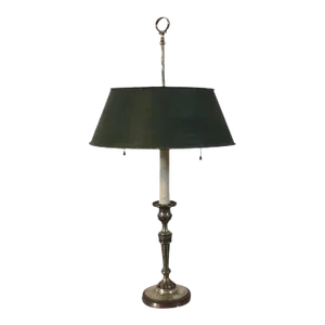 Antique 19th Century French Empire Silvered Bronze Candlestick Bouillotte Lamp with Green Tole Shade