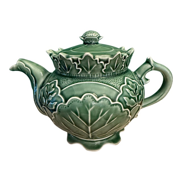Vintage Majolica Green Cabbage Ware Tea Pot For Sale