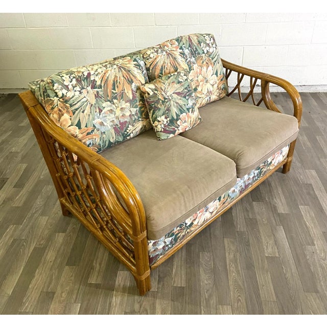Boho Chic Vintage Boho Coastal Tropical Style Ficks Reed Style Rattan Loveseat For Sale - Image 3 of 11