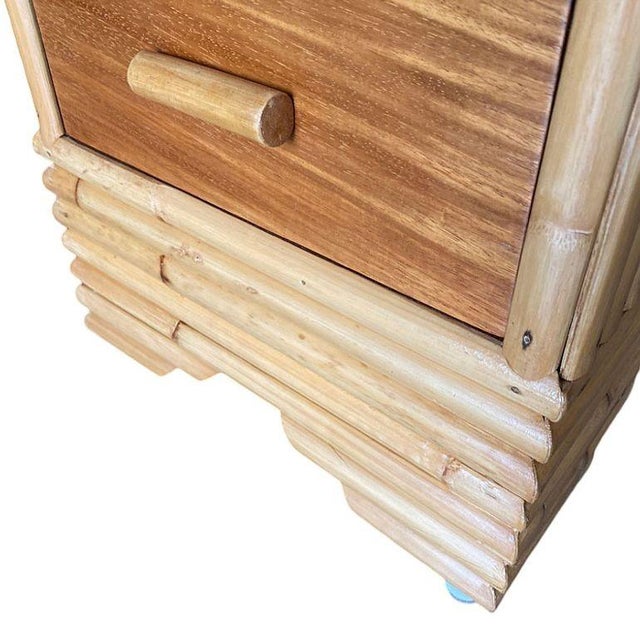 Wood 1940s Restored Early Mid-Century Stacked Rattan & Mahogany Vanity W/ Round Mirror For Sale - Image 7 of 7