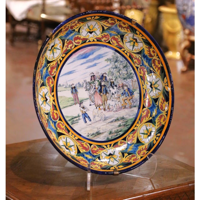 French 19th Century French Hb Quimper Faience Decorative Wall Platter or Serving Tray For Sale - Image 3 of 11